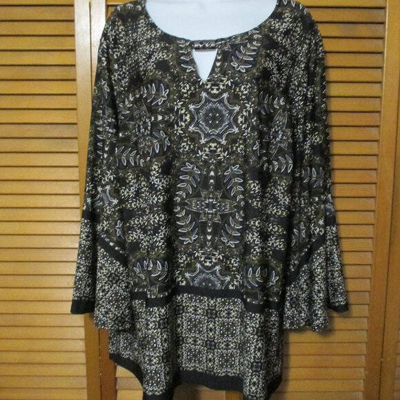 Zac & Rachel top Whimsygoth black & tan bell sleeves stretchy & flowy size 2x - Picture 1 of 9